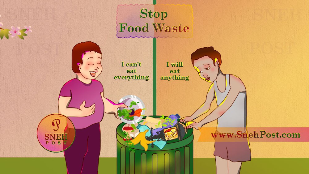 Stop food waste poster with one person saying I can't eat anything and the other person saying I will eat anything. 