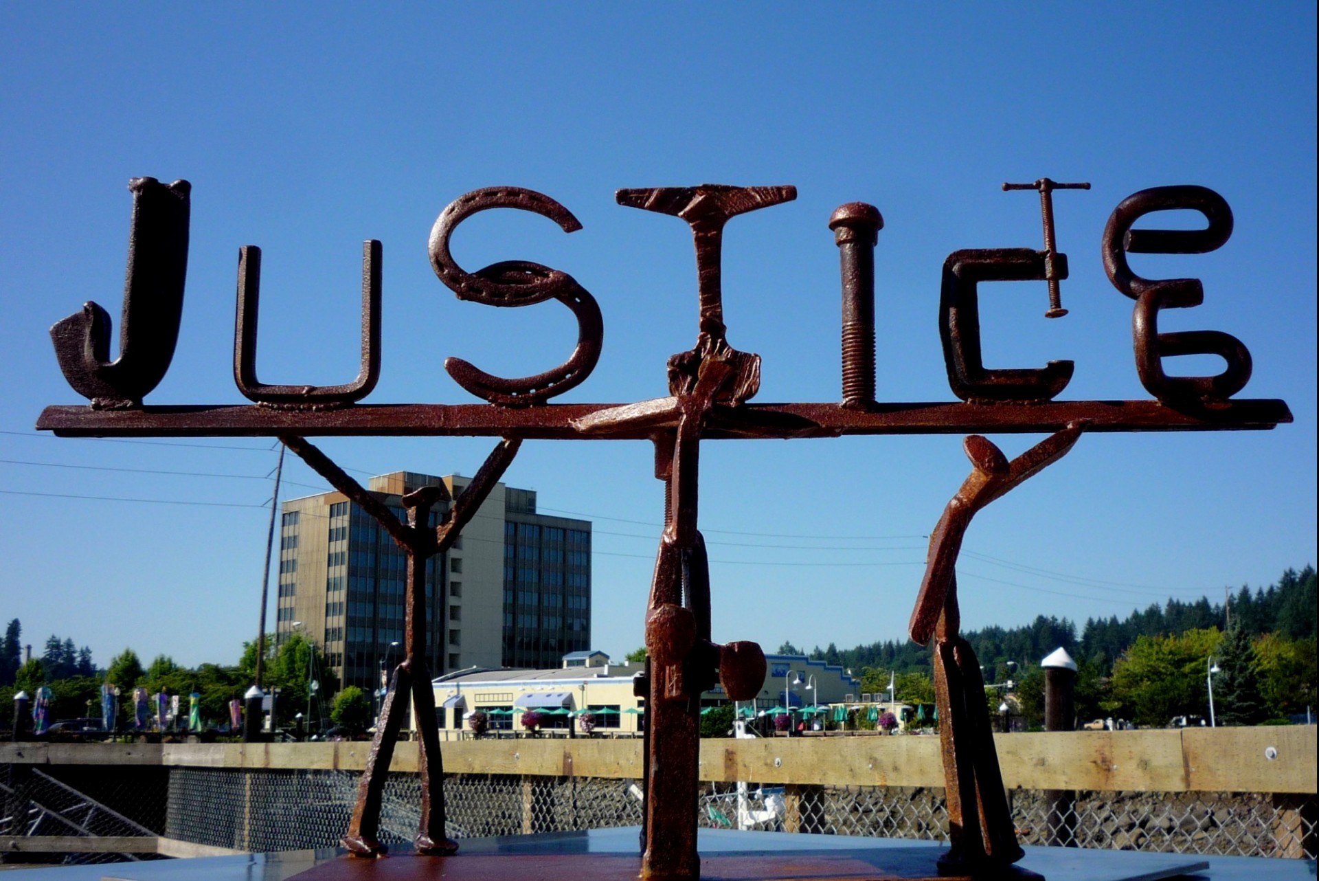 Sculpture of the word 'justice'