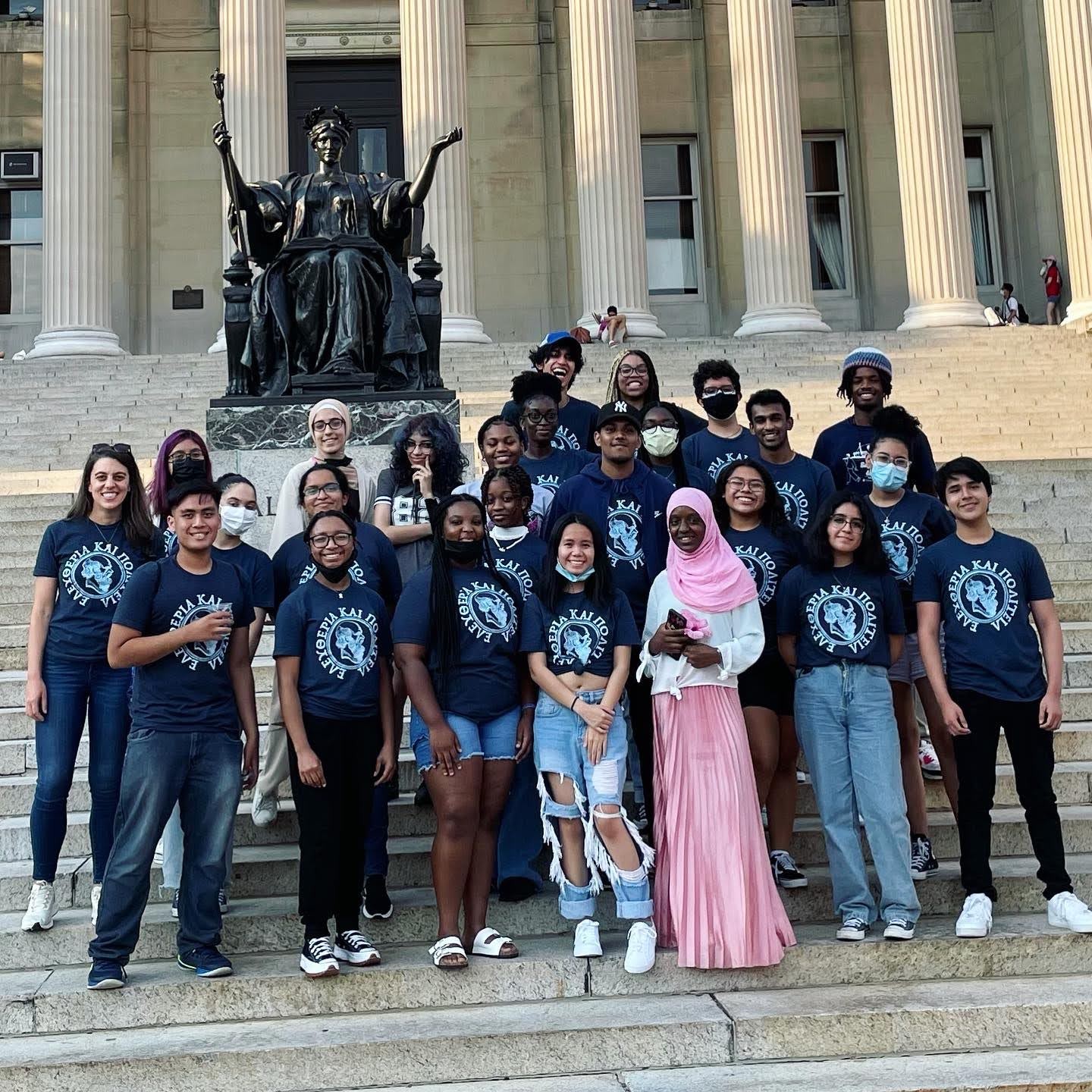 Group of students on Columbia's campus wearing shirts for Freedom and Citizenship