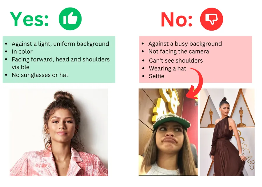 Yes: against a light, uniform background. In color, facing forward, head and shoulders visible, no sunglasses or hat. No: against a busy background, not facing the camera, can't see shoulders, wearing a hat, selfie.