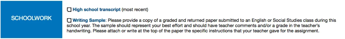 Schoolwork: high school transcript and writing sample